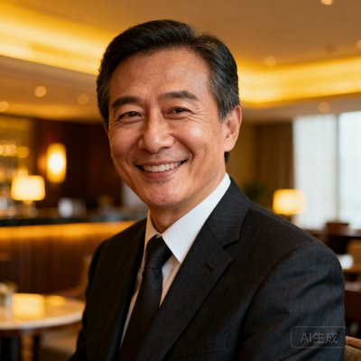 一位穿着深色西装、面带微笑的中年商务旅客张先生的半身肖像照，背景是酒店行政酒廊的柔和灯光。