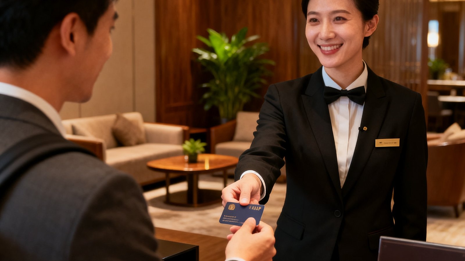 一位商务旅客在VIP优惠申请大厅专属接待区享受私密快速入住登记服务，礼宾专员微笑着递上房卡，背景是温馨的行政酒廊环境。